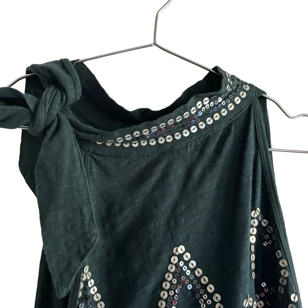 Free People Glitter City Tie‎ Neck Dark Turquoise Sequin Tank Sleeveless Top